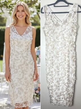 Adrianna Papell White Gold Wedding Dress Floral Embroidered Bridal Shower